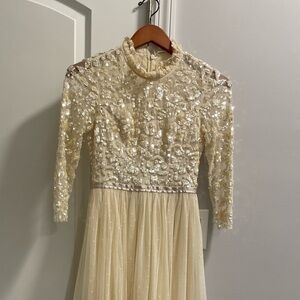 Elegant Cream needle and thread midi long sleeve dress